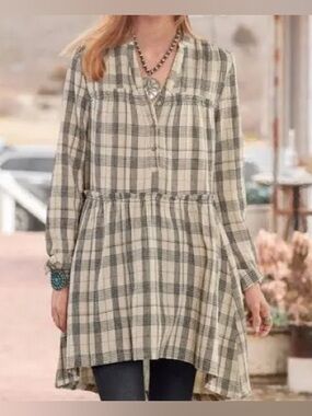 Sundance Plaid Cotton Gauze Tiered High Low Tunic Dress Medium